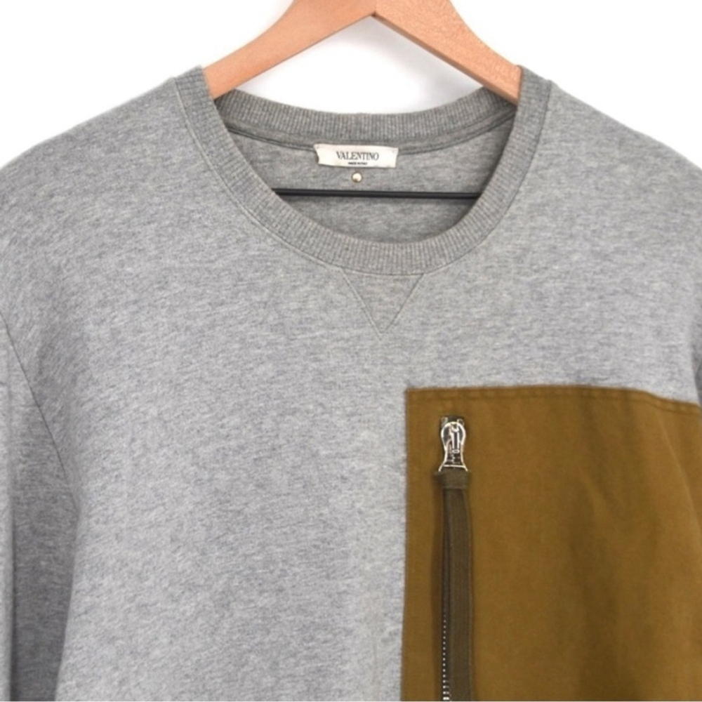 Valentino Made in Italy Gray Crewneck Sweatshirt with Contrast Tan Zip Pocket –M - Picture 6 of 13